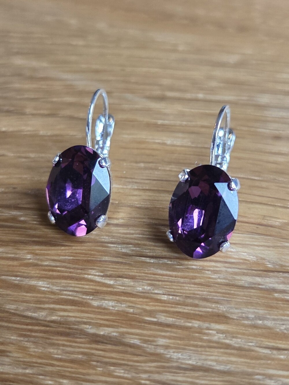 Silver Lever Back Earrings with Amethyst Purple Crystals | Handmade